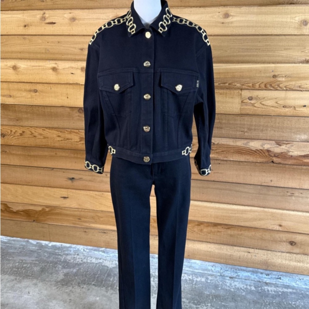 St. John Black Jean Jacket and Jeans pants Set with Gold Chain stitched Accents